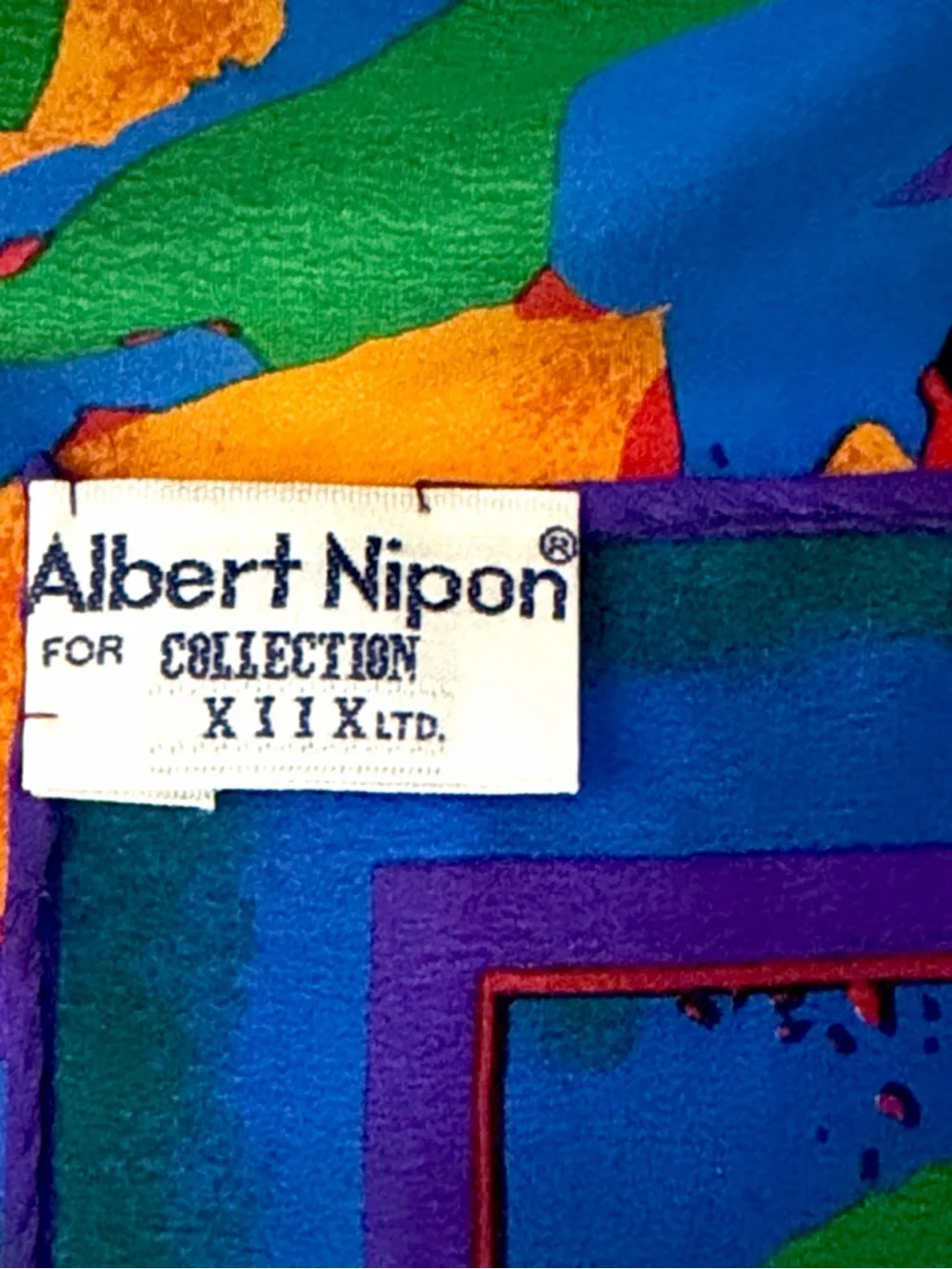 Albert Nipon Rectangle Silk Scarf Abstract Print Blue Orange Green Purple Japan